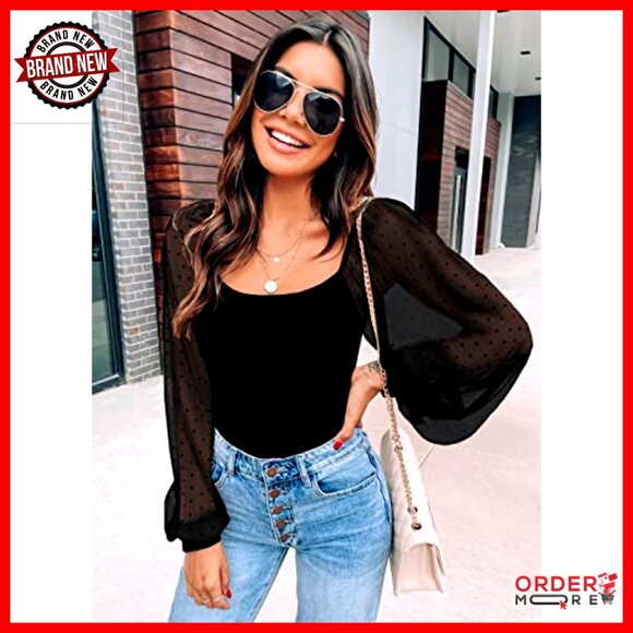 Mesh Long Sleeve Blouse Square Neck Puff Sleeve See-Through Tops - Picture 2 of 7